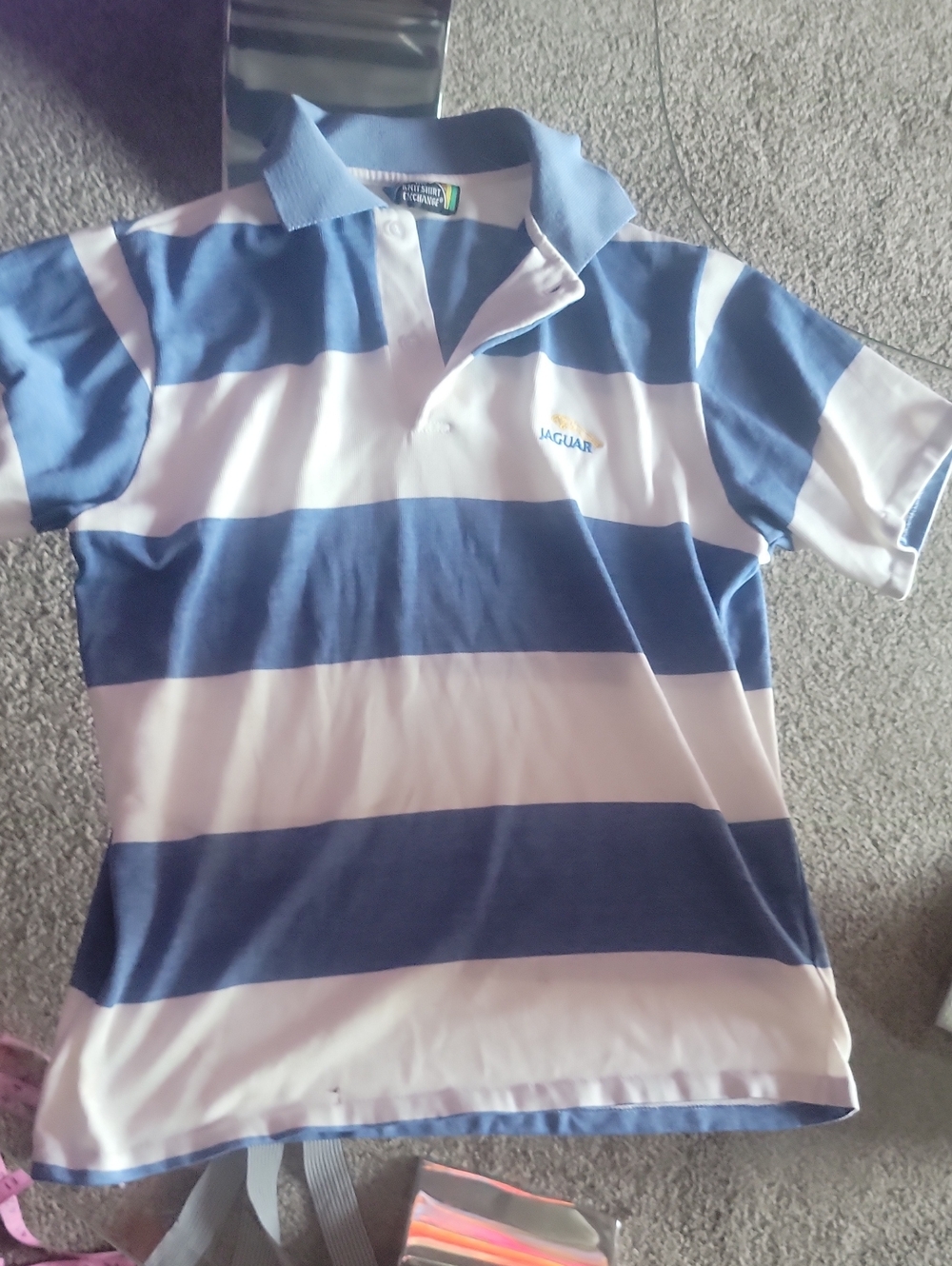EXCHANGE Navy and White Striped Polo Shirt Jaguar Emblem